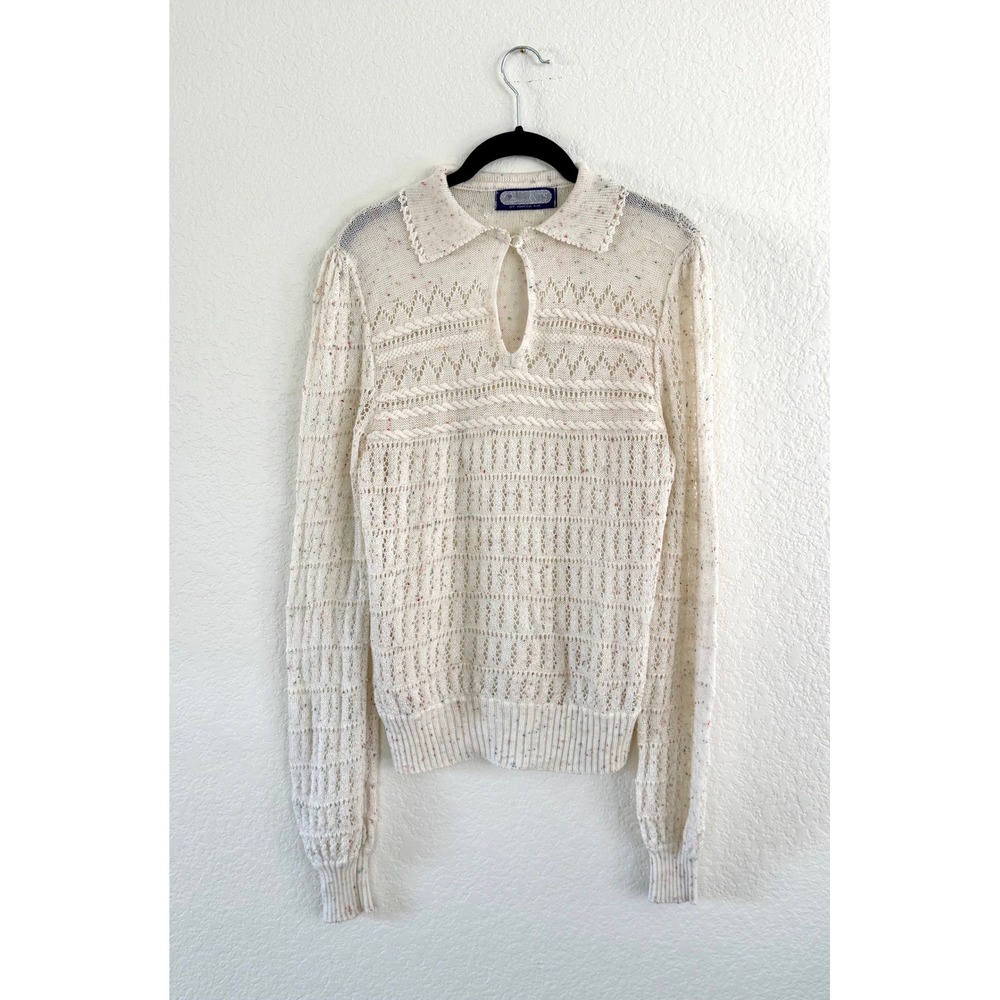 Vintage Marie Kim‎ Textured Knit Collared Sweater Multi Speckled Cream Size M